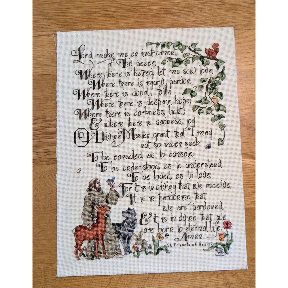 Vtg Prayer of Saint Francis Handmade CrossStitch Sampler Unframed Cardboard Back